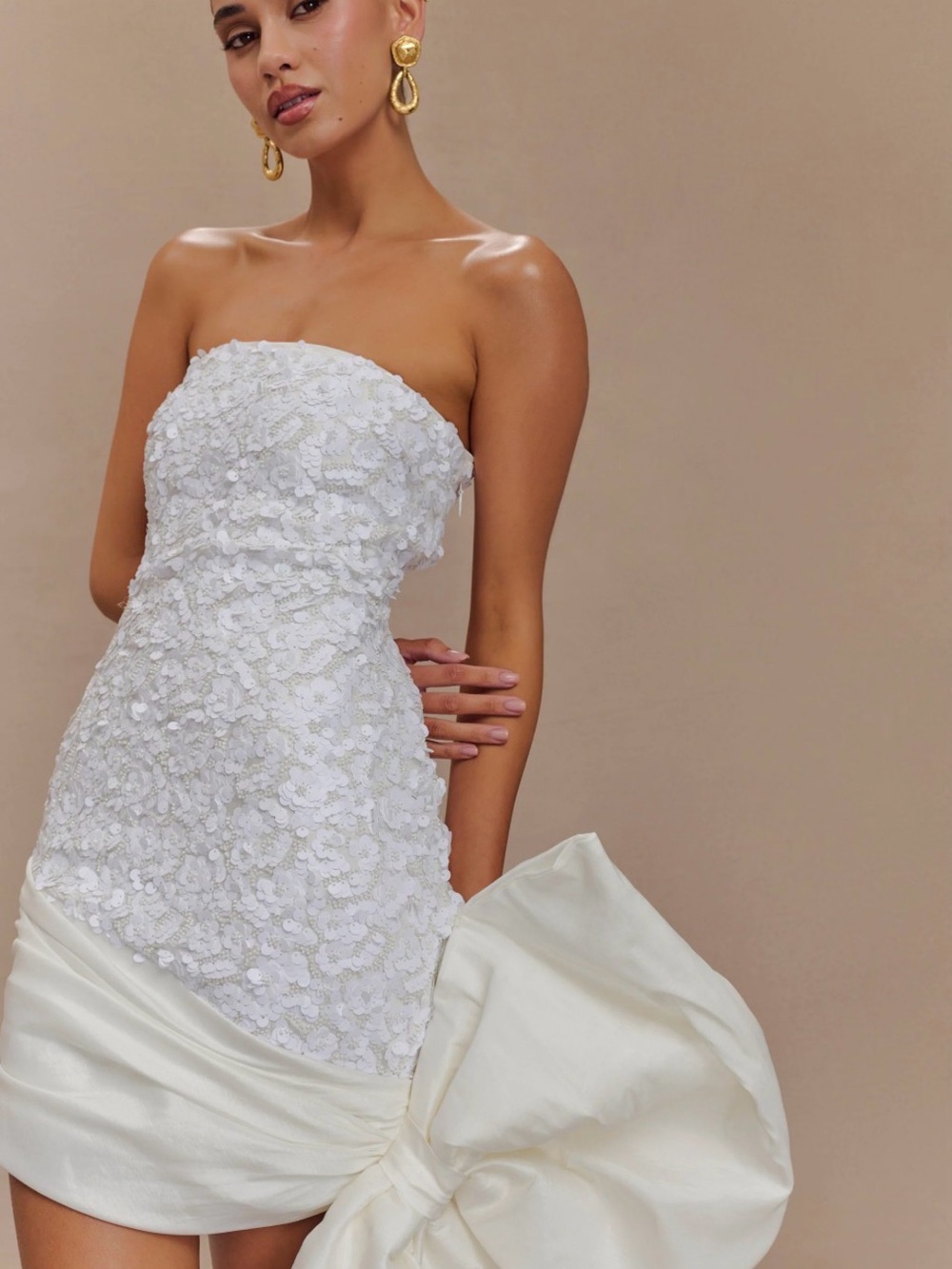 Meshki White Strapless Floral Appliqué Mini Dress with Sculpted Bow Detail